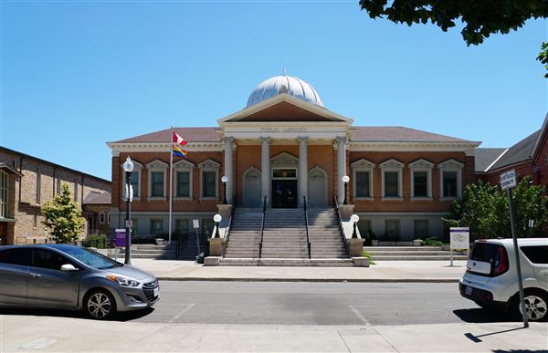 Brantford - George Street From Victoria Park Facing East Carnegie Building (6/16/2021)